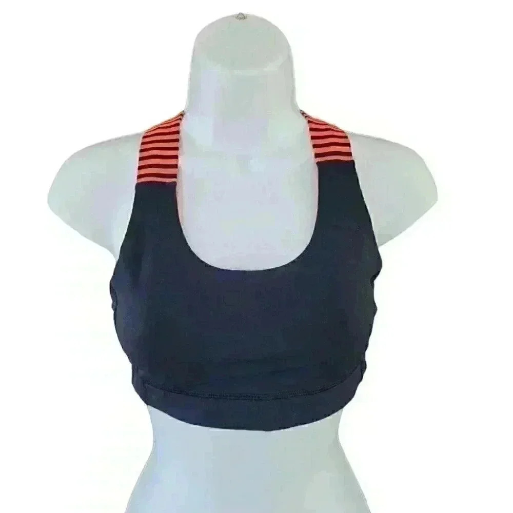Lululemon Athletica Sports Bra Top Size 2 Navy w/Orange Striped Straps Workout